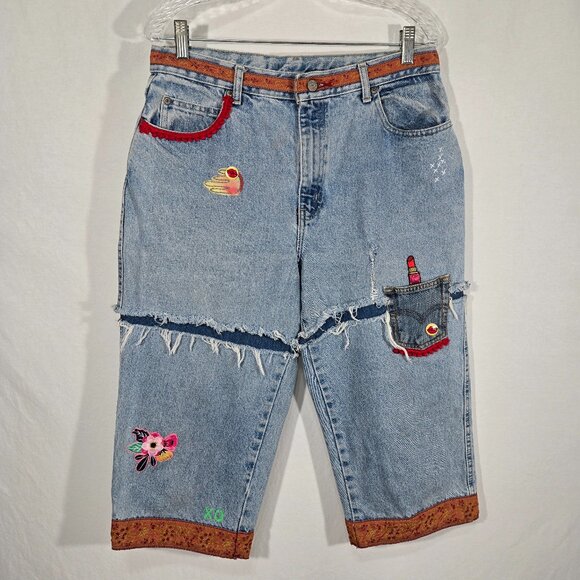 VINTAGE 90s UPCYCLE Handmade Patchwork Super Girly BOHO Baggy Capri Jean Size 12 - Picture 1 of 17